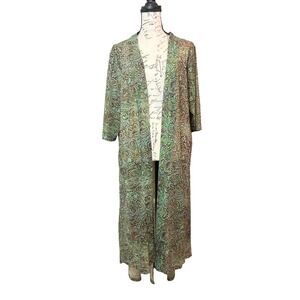 Crazy‎ Train Green Brown Paisley Kimono Duster Women OS Longline Cardigan